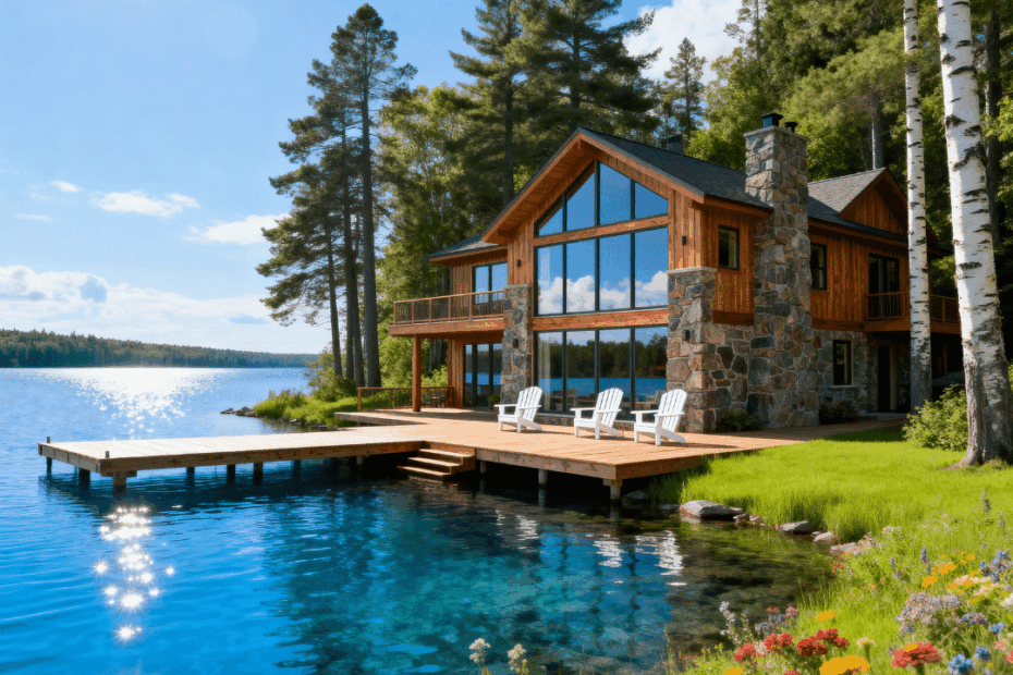 Luxury lakefront custom cottage by cottage builders Muskoka featuring timber frame construction and boathouse on granite shoreline in bright daylight