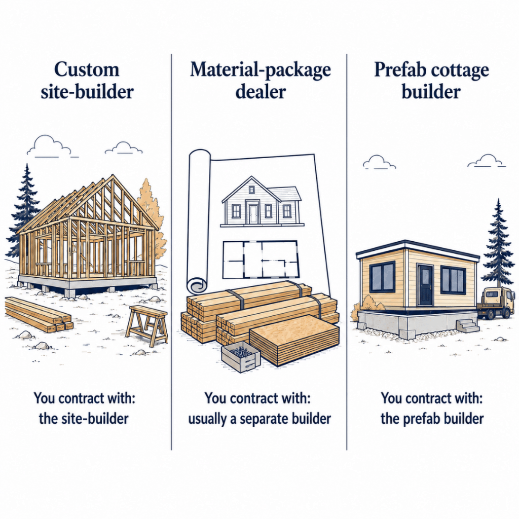 Cottage builders Orillia comparison showing custom site-builders, material-package dealers and prefab cottage builders by who holds the build contract