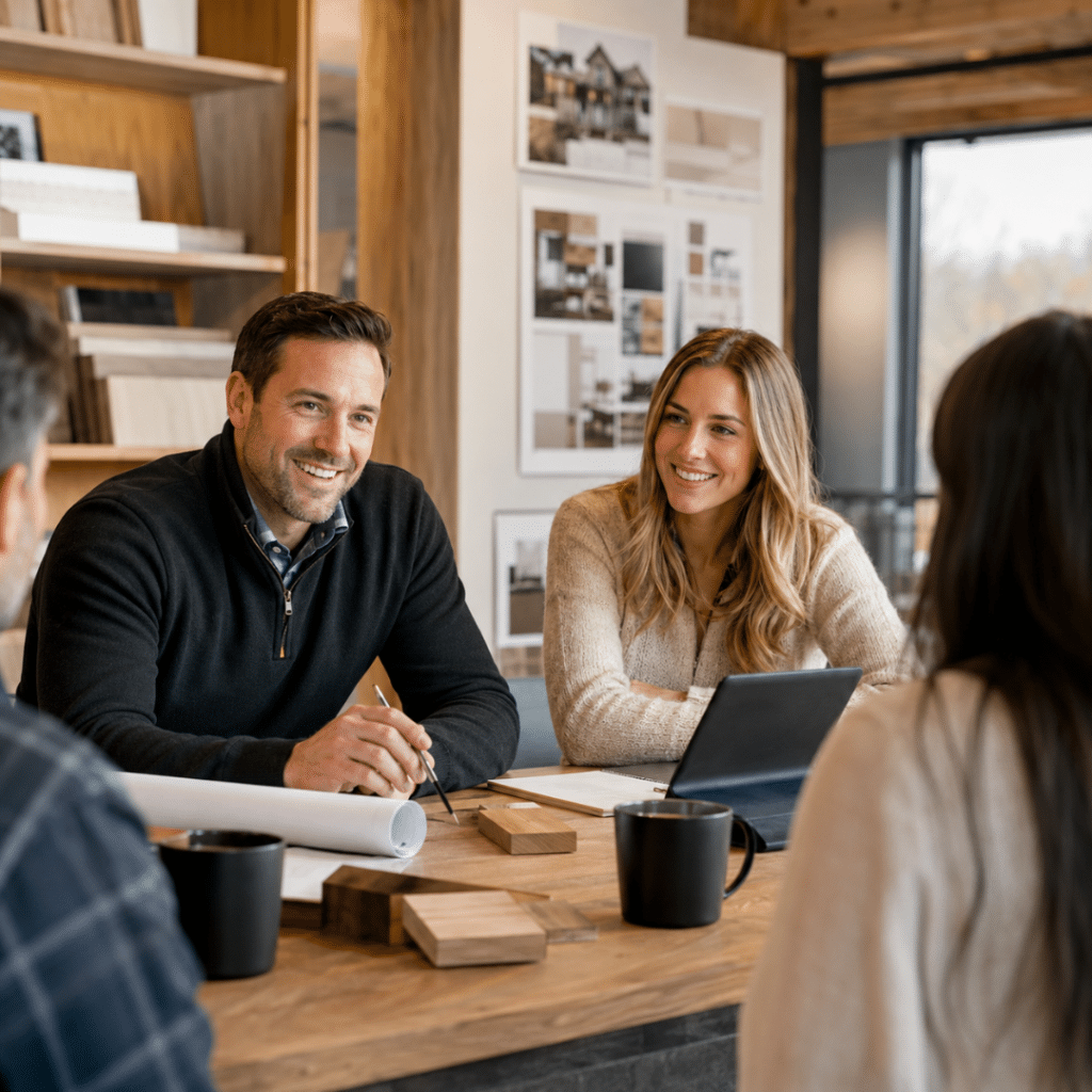 Cottage builders Orillia consultation at the My Own Cottage facility with staff discussing a cottage project with prospective buyers