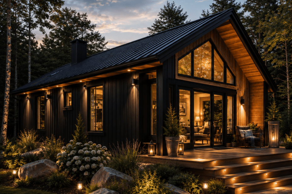 Modern black prefab cottage near Orillia with warm wood accents, large windows, metal roof, landscaped stone walkway and covered entry