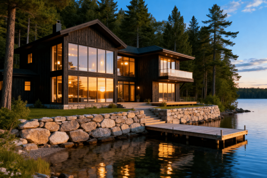 Cottage builders Orillia custom waterfront home overlooking Lake Simcoe with modern four-season design and energy-efficient construction.