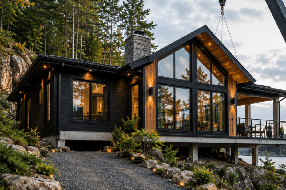 Modern prefab cottage being installed by crane on a sloped waterfront lot near Owen Sound with dark siding, large windows and a permanent foundation