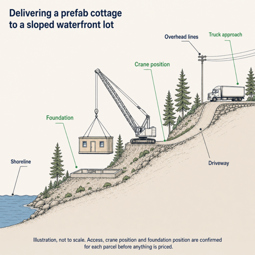 Sloped waterfront lot diagram showing truck approach, crane position and foundation location for prefab cottage delivery in Owen Sound
