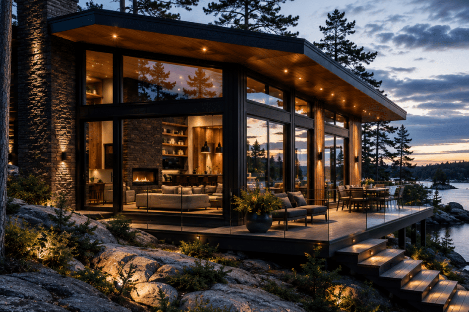 Luxury modern waterfront cottage with dark cladding, expansive glazing, stone accents and a raised deck on exposed Canadian Shield rock near Parry Sound