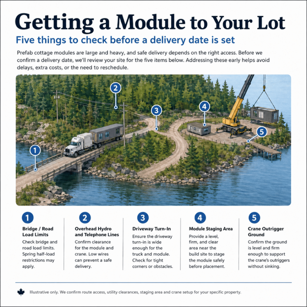 Cottage builders Parry Sound site access checklist showing bridge and road limits, overhead utility lines, driveway turn-in, module staging area and crane setup.