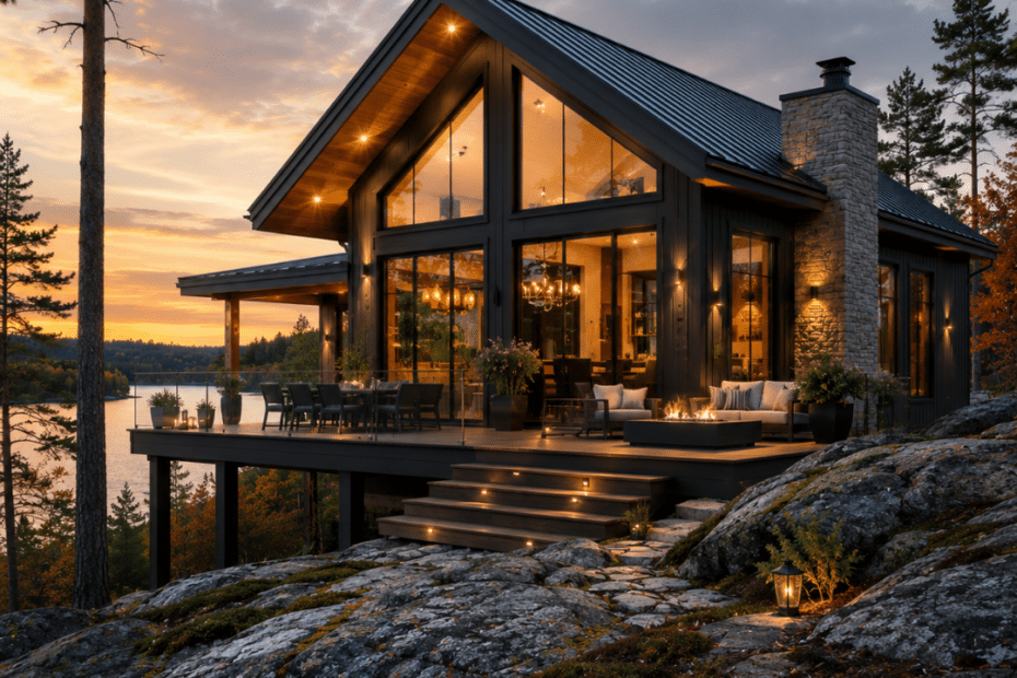 Modern four-season prefab cottage on exposed Canadian Shield rock with dark siding, large windows, stone accents and a lake view near Sudbury