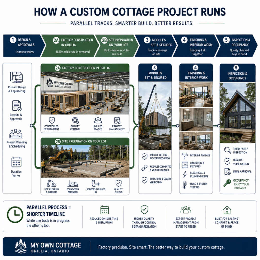 Cottage builders Sudbury parallel-build timeline showing factory construction and site preparation happening at the same time before modules are set, finished, inspected and approved for occupancy.