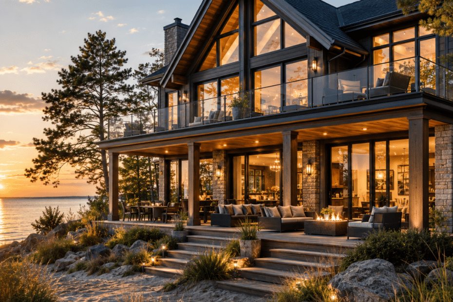Luxury waterfront cottage with dark cladding, timber accents, expansive glazing and covered outdoor living space on a sandy Wasaga Beach-style lot