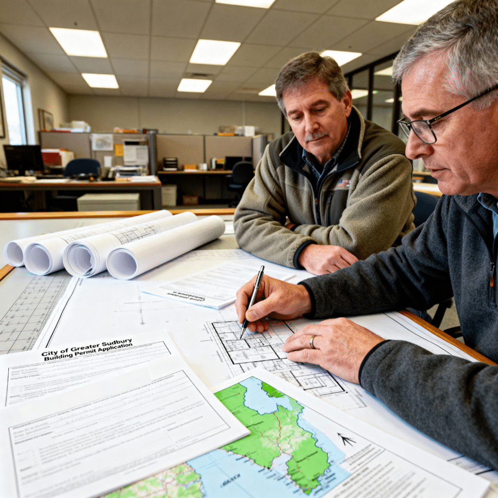 Builder reviewing cottage construction drawings and building permit requirements in Greater Sudbury
