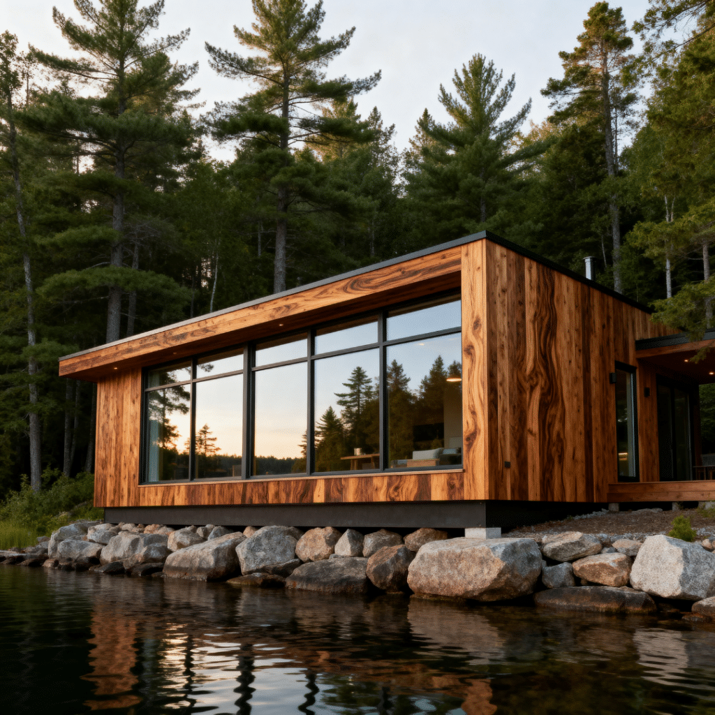 Modern prefab cottage at dusk with glass walls, built by custom cottage builders in Gravenhurst on a rocky Muskoka shoreline.