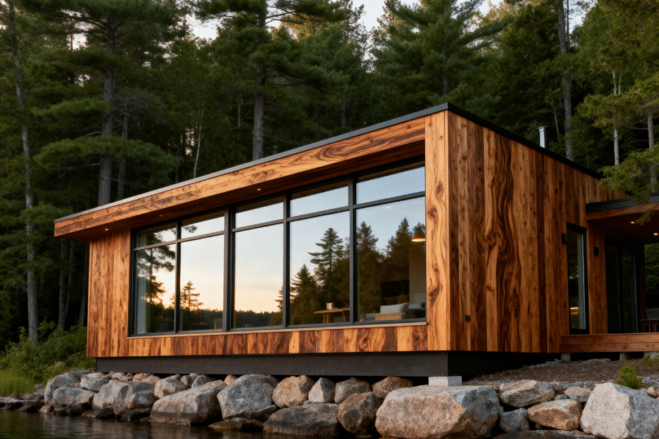 Modern prefab cottage at dusk with glass walls, built by custom cottage builders in Gravenhurst on a rocky Muskoka shoreline.