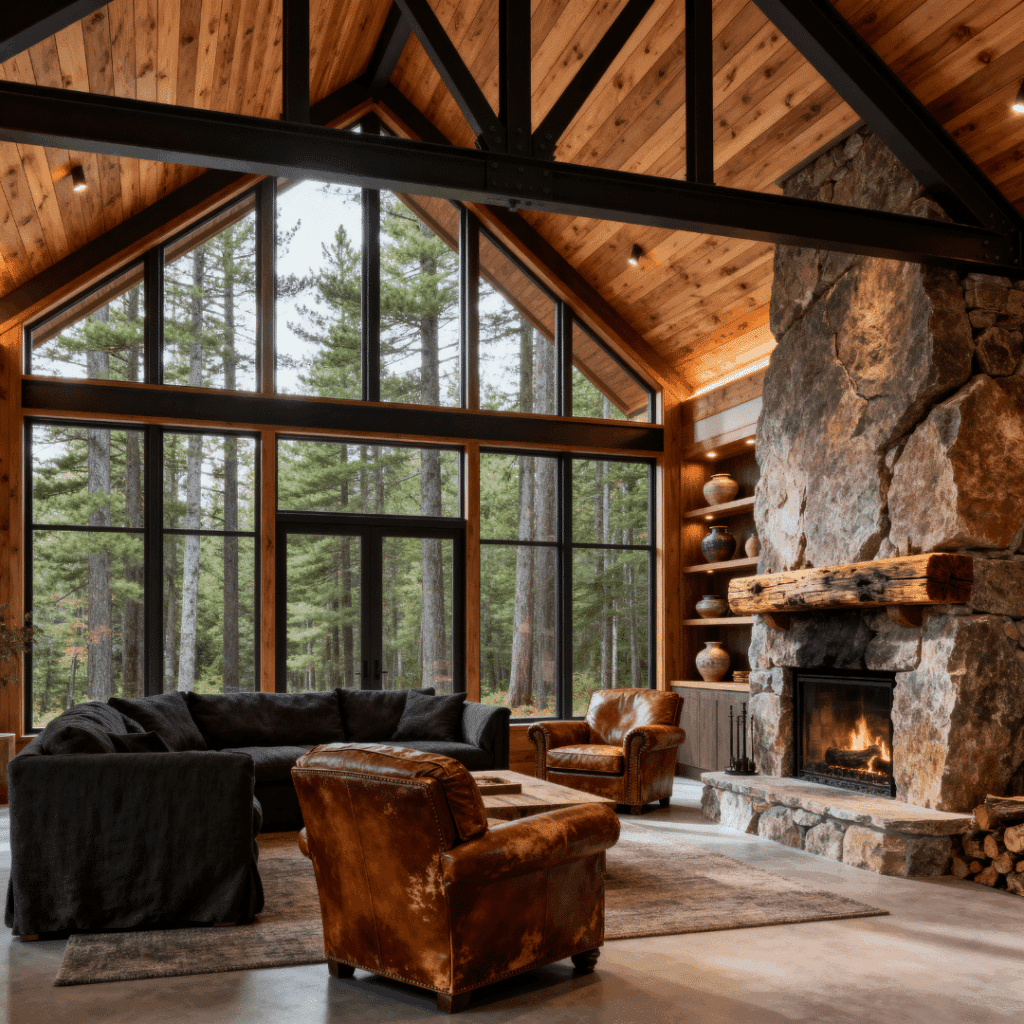 Custom cottage interior in Kawartha Lakes featuring exposed timber beams, stone fireplace, and large windows designed for four-season waterfront living.