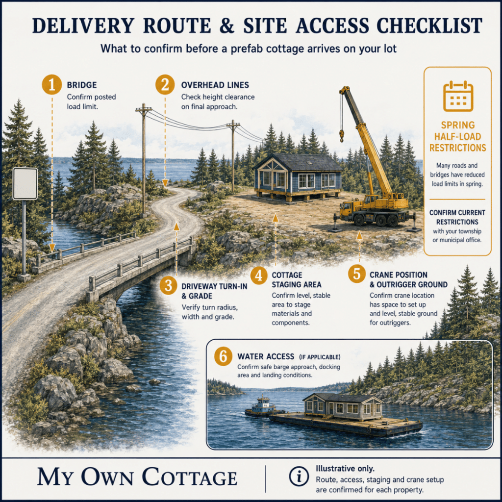 Custom cottage builders Muskoka delivery site access checklist showing bridge load limits, overhead lines, driveway access, staging, crane positioning and water access.