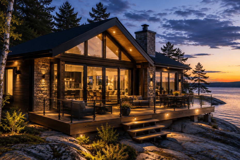 Luxury waterfront cottage on exposed Canadian Shield rock with dark cladding, stone accents, expansive glazing and a large deck in Muskoka