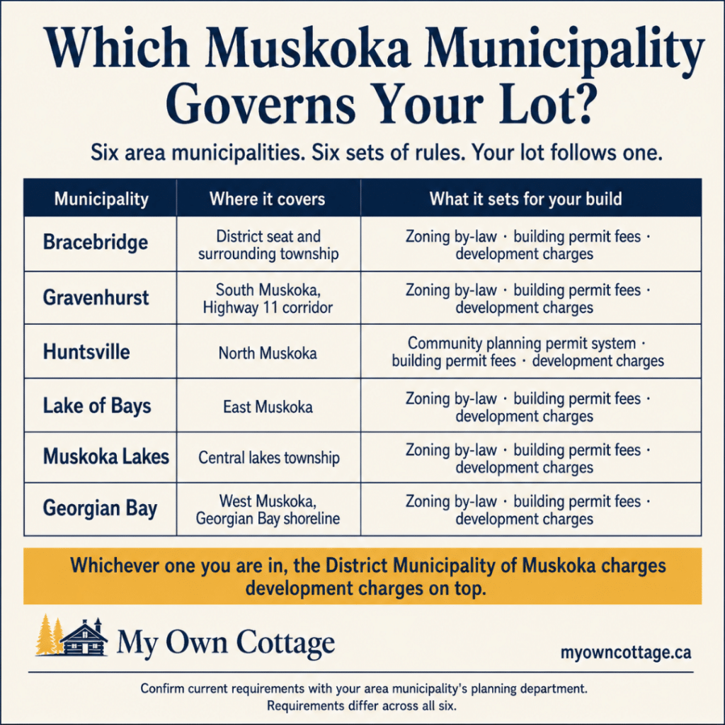 Custom cottage builders Muskoka municipality guide comparing Bracebridge, Gravenhurst, Huntsville, Lake of Bays, Muskoka Lakes and Georgian Bay building rules.