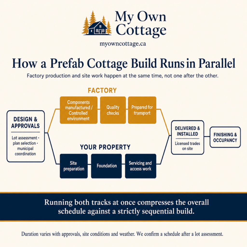 Parallel prefab cottage build timeline showing design and approvals, factory production and Muskoka site work running concurrently before delivery and installation.