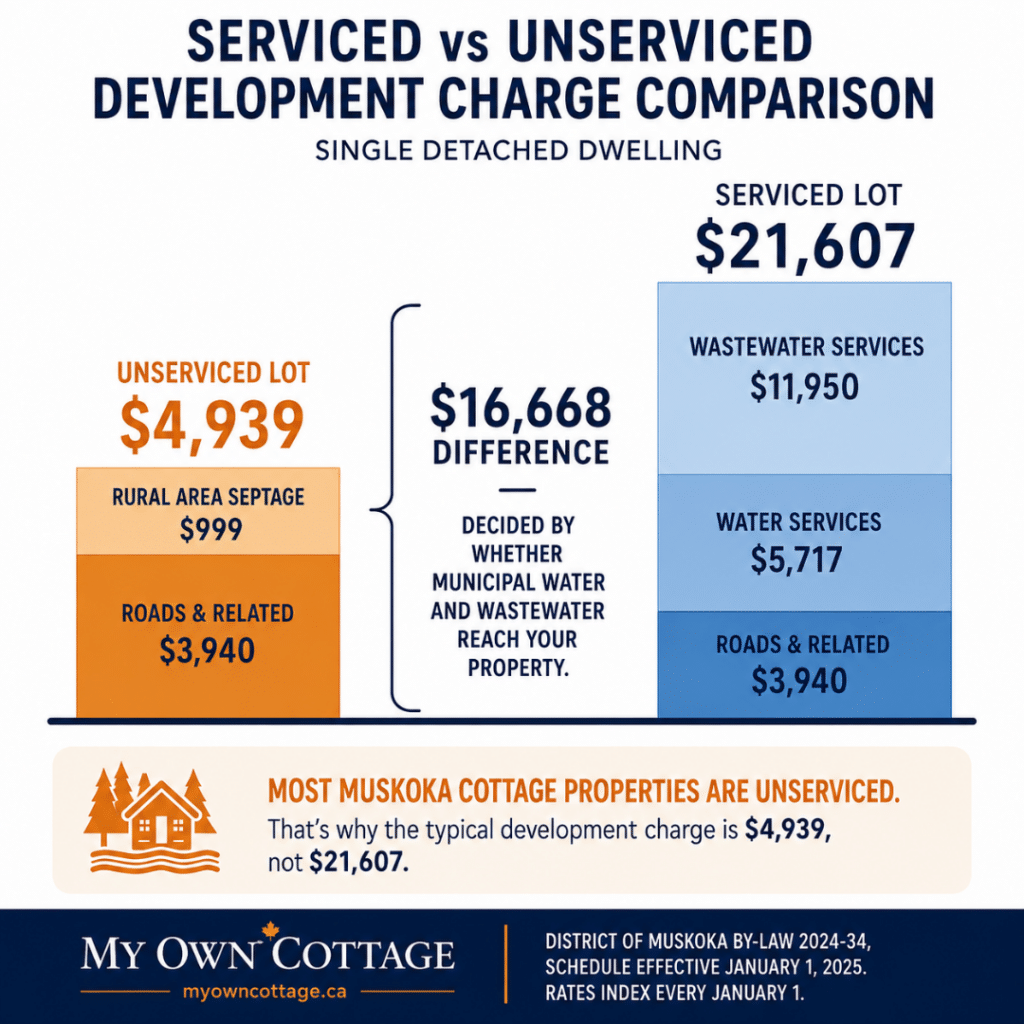 Custom cottage builders Muskoka development charge comparison showing $4,939 for an unserviced lot versus $21,607 for a serviced lot.