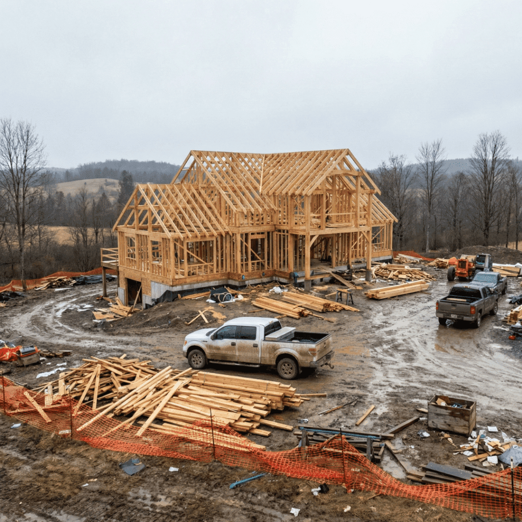 Timber framing stage of custom cottage construction by cottage builders in Kingston Ontario