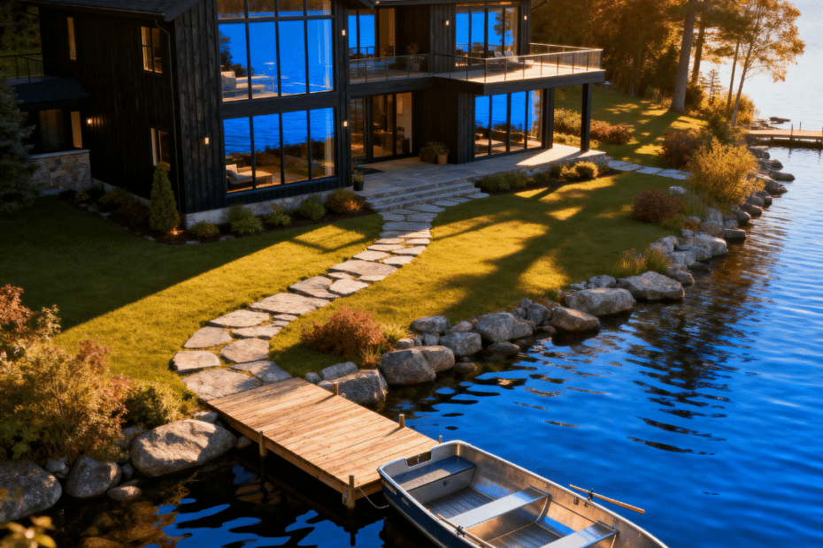 Modern custom cottage with floor-to-ceiling windows overlooking the blue waters of Georgian Bay, built by expert cottage builders in Owen Sound.