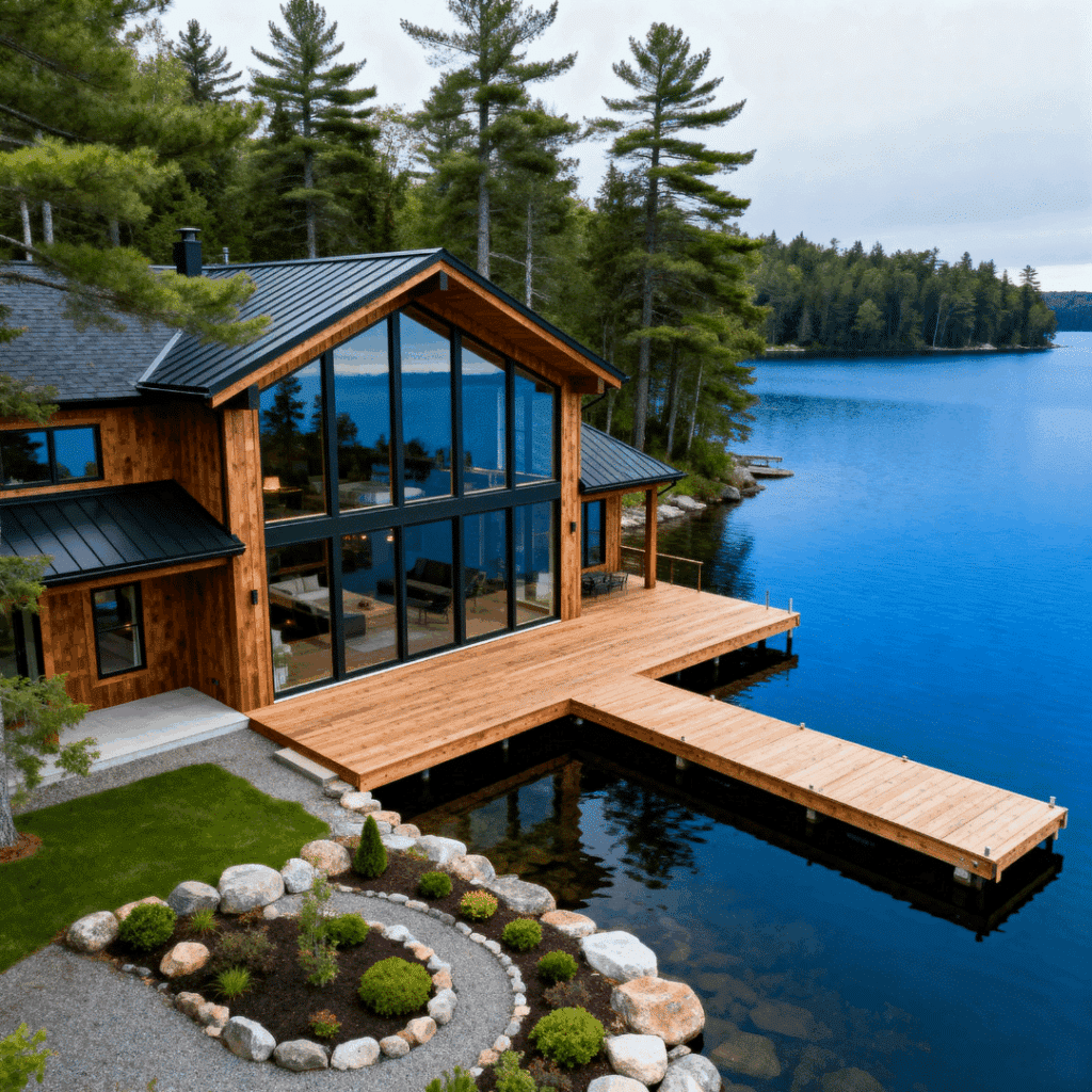 Custom waterfront cottage built by cottage builders in Kingston Ontario featuring modern design and private dock