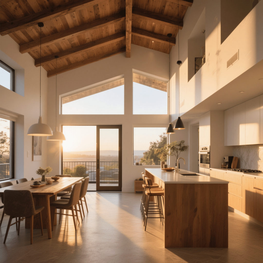 Eagles Nest interior showing a modern open-concept kitchen and dining area with vaulted ceilings, exposed beams, and golden hour sunlight streaming through large windows.