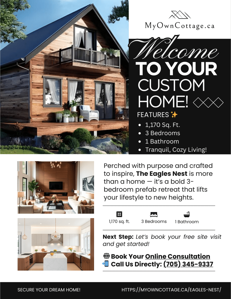 Eagles Nest prefab home brochure cover showing a modern 3-bedroom cottage-home with loft design, vaulted ceilings, and large windows by My Own Cottage.