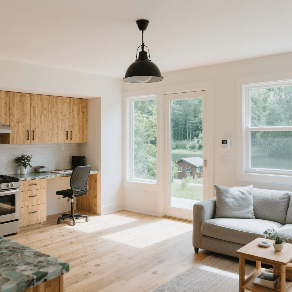 Modern cottage-style prefab home interior featuring bamboo cabinetry, recycled glass countertops, and a built-in office nook — showcasing 2025 design trends in Eastern Ontario.