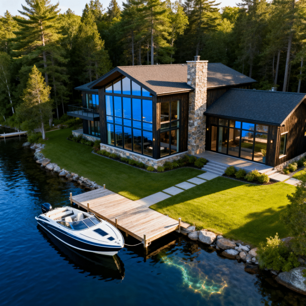 Established waterfront lot in Muskoka with an existing cottage, dock and mature landscaping — the kind of property a cottage replacement build starts from