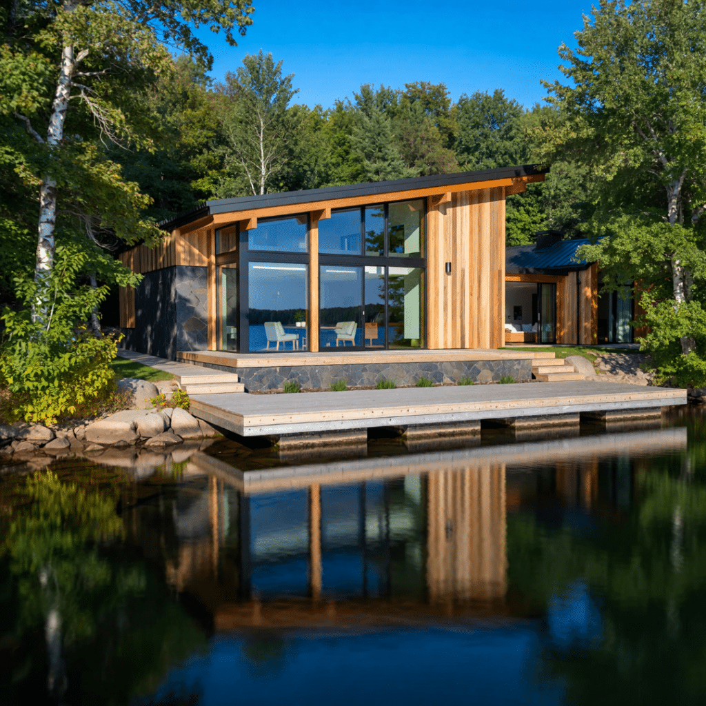 Energy efficient cottage in Kingston Ontario with modern waterfront design and large windows overlooking the Thousand Islands