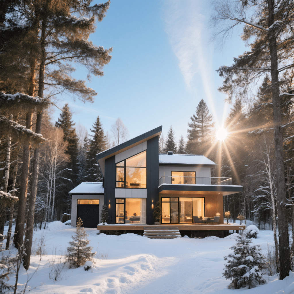Modern energy-efficient prefab home in Ontario with warm interior lights, surrounded by a winter forest under a blue sky with sunrays.