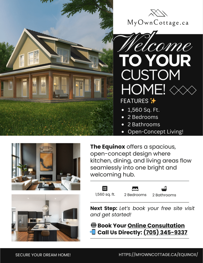 Brochure cover of the Equinox prefab home, featuring 2 bedrooms, 2 bathrooms, and an open-concept design with soaring ceilings and natural light.
