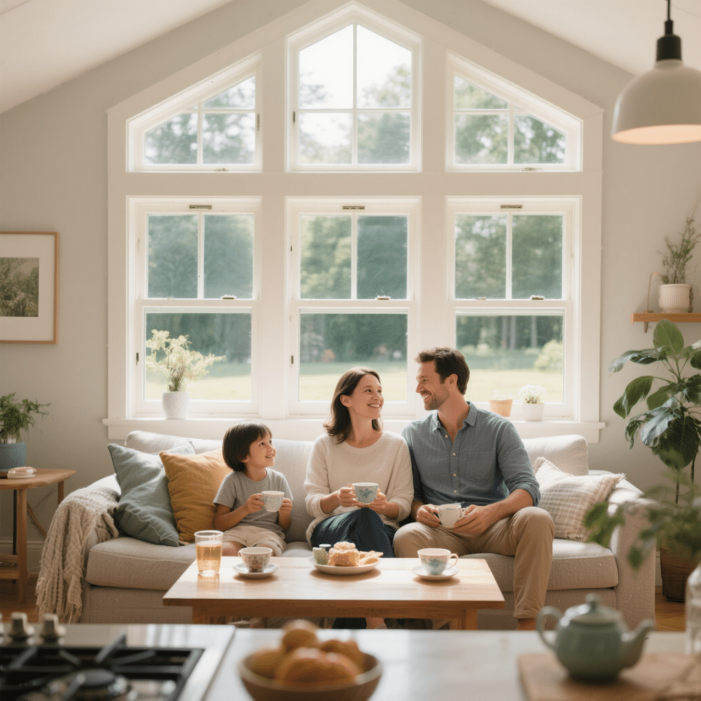 Family enjoying time together in an open-concept prefab home living room with connected kitchen.