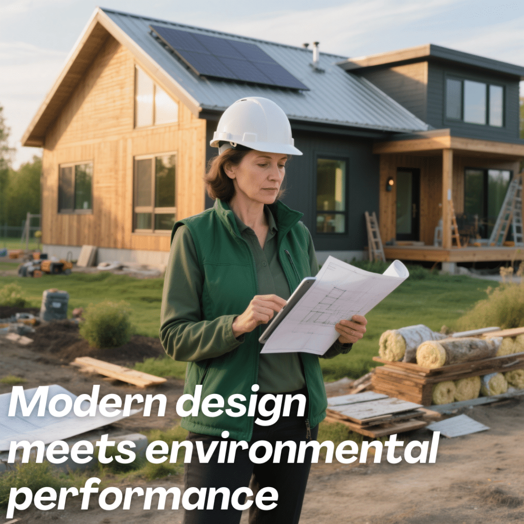Professional female architect reviewing plans at a sustainable prefab home site in Ontario, with solar panels, eco-friendly materials, and green landscaping in view.