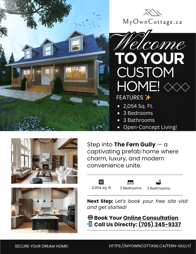 Fern Gully prefab home brochure cover showcasing 3-bedroom, 3-bathroom modern design with 2,054 sq. ft. of living space by My Own Cottage
