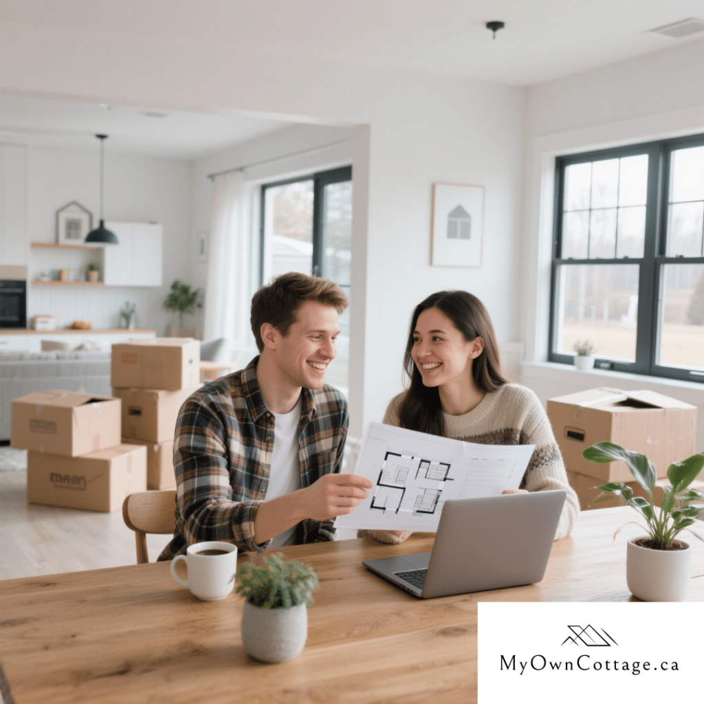 Young couple reviewing prefab home floor plans on a laptop inside their first home in Markdale, Ontario.
