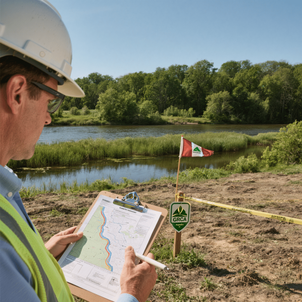 Builder reviewing floodplain map and GRCA permit documents on a residential lot near the Grand River in West Brant, Ontario, prior to prefab home construction approval