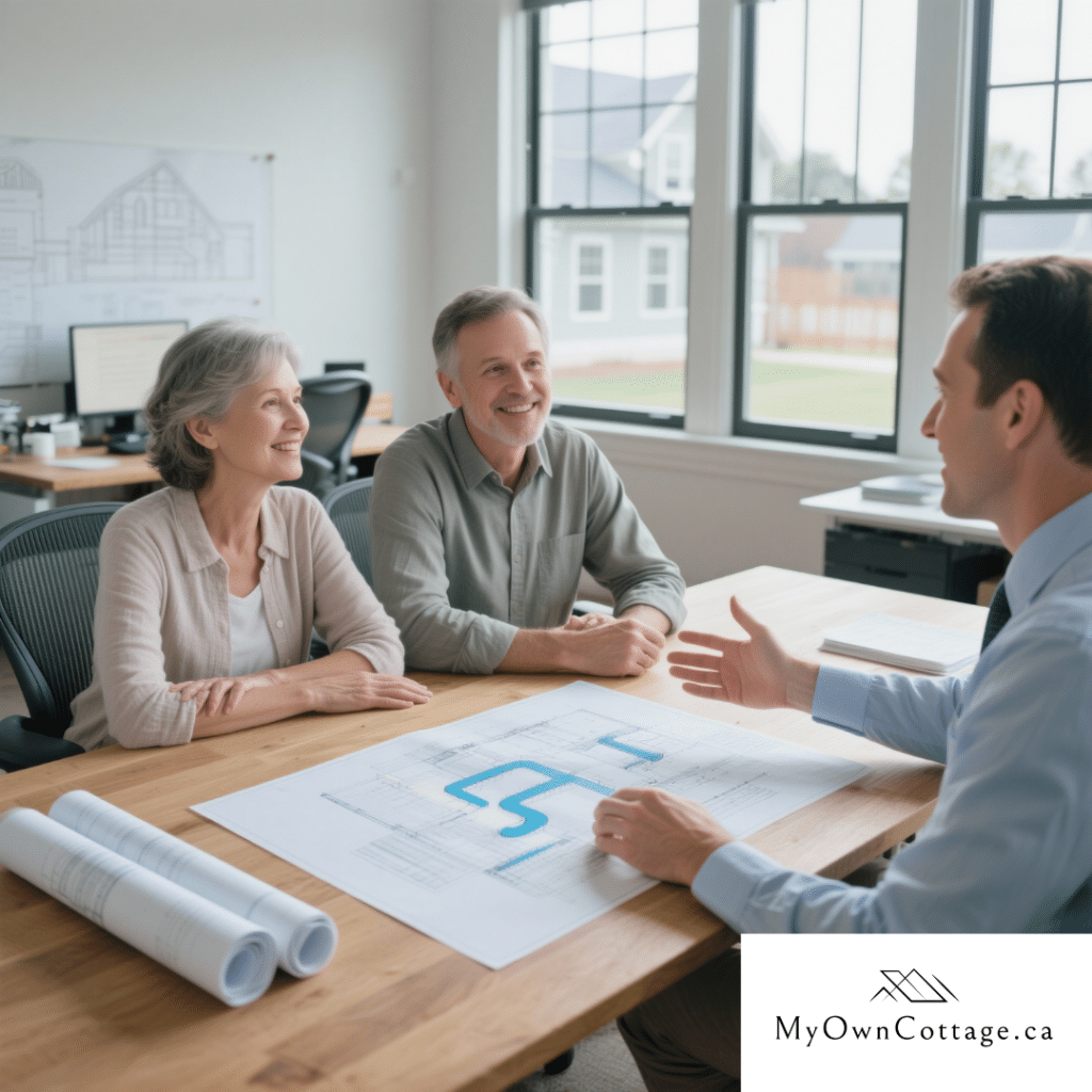 Grey County planning officer reviewing blueprints and permits with homeowners in Flesherton, Ontario.
