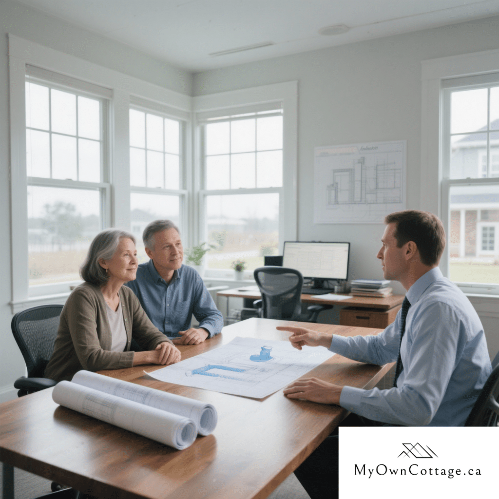 My Own Cottage zoning and building permit expert advising a homebuyer couple in Grey Highlands, Ontario about prefab home regulations and compliance.
