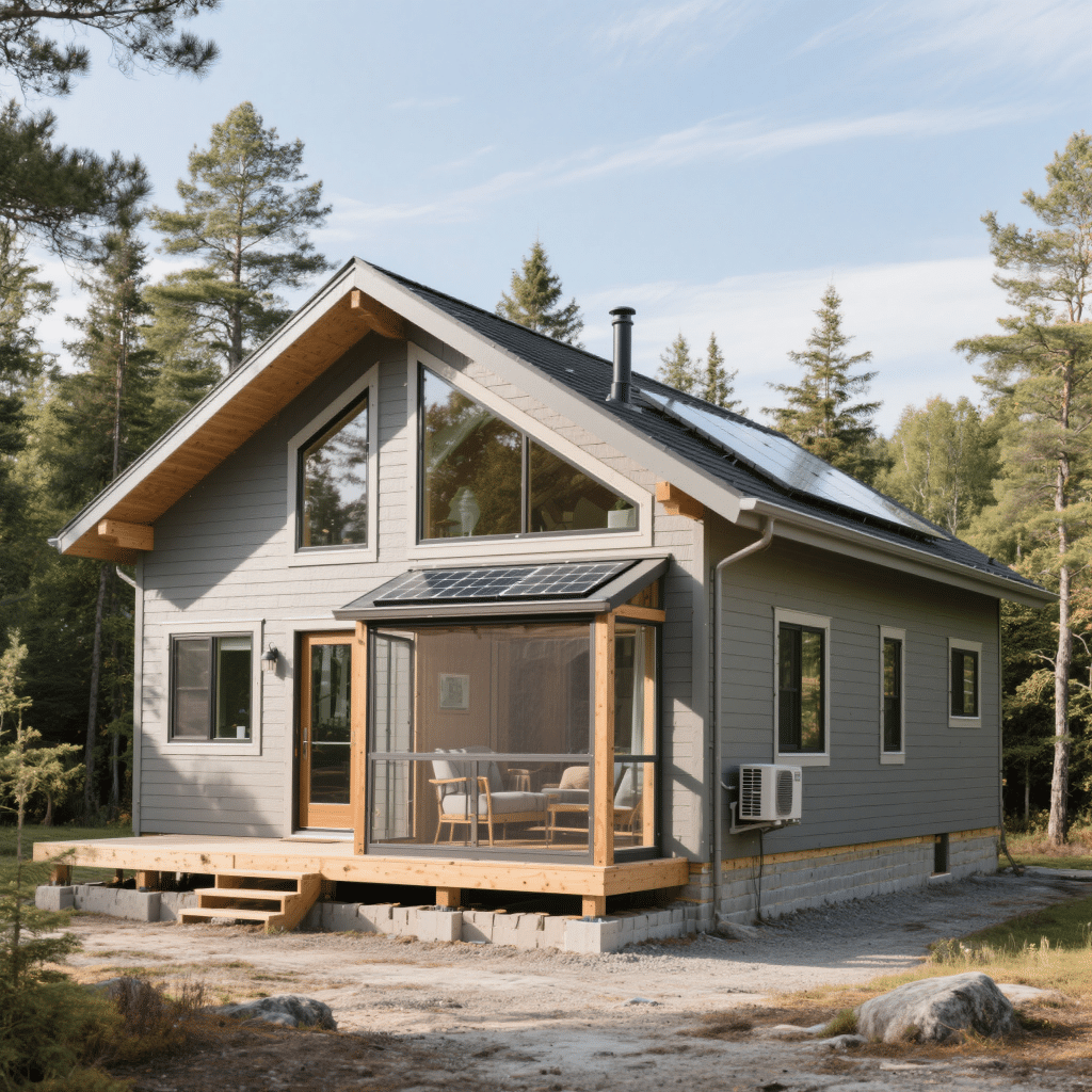 Exterior of a 2-bedroom modular cottage in Haliburton, Ontario, featuring Hardie board siding, a screened Muskoka Room, aluminum-clad windows, and a frost-protected engineered foundation.