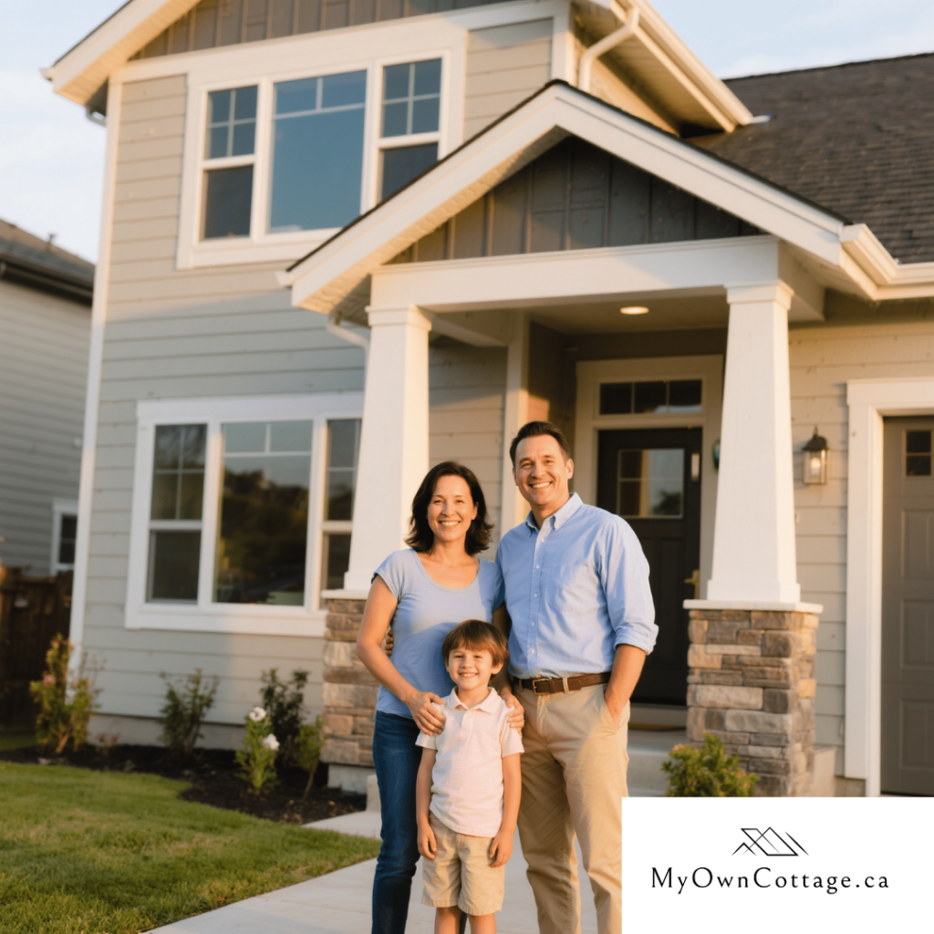 Hamilton Ontario family standing in front of their new prefab home built by My Own Cottage, customized floor plan delivered in just three months.