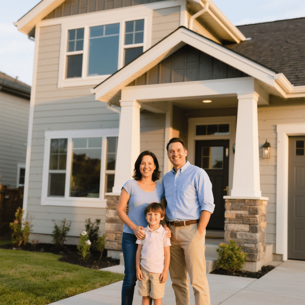 Smiling family standing in front of their new prefab modular home in Kingston, Ontario.