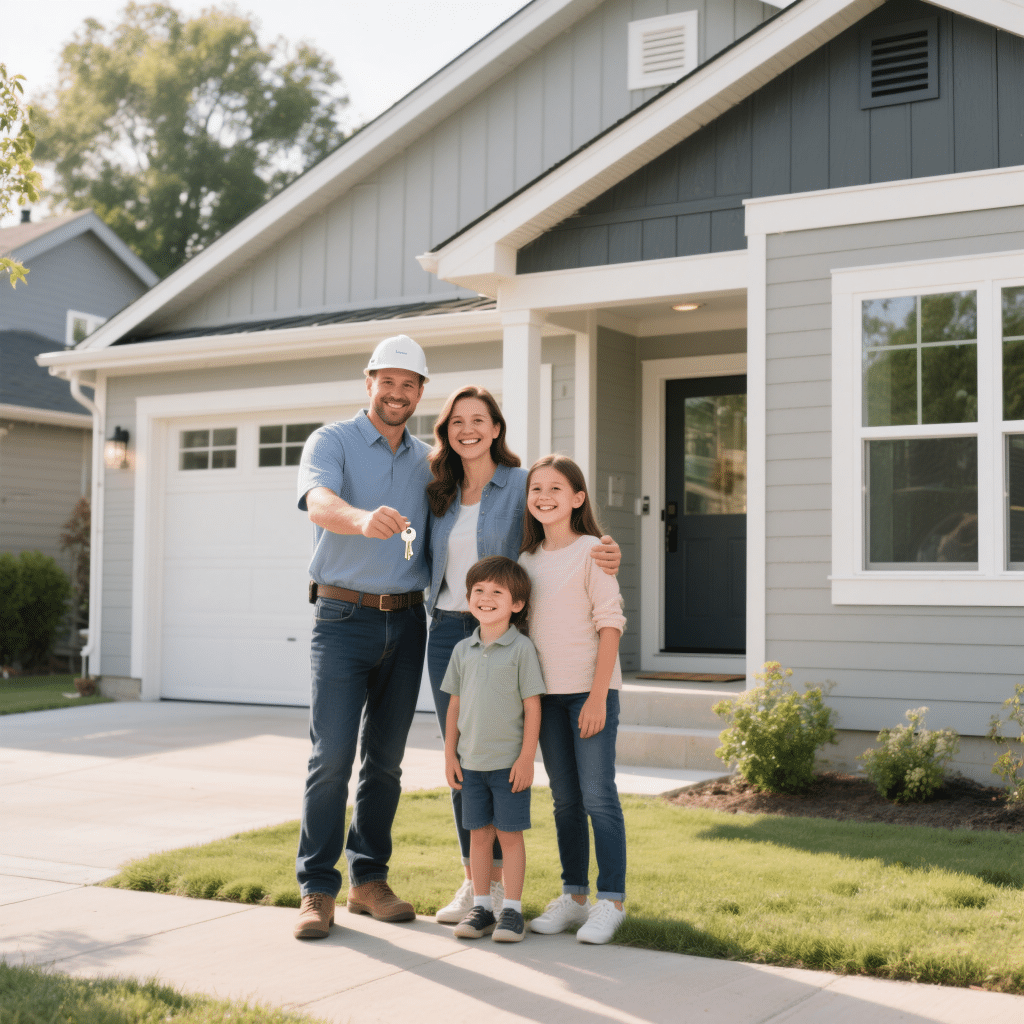 Ontario family standing in front of their new CSA-A277 certified prefab home with builder, showcasing Tarion warranty compliance and final inspection approval