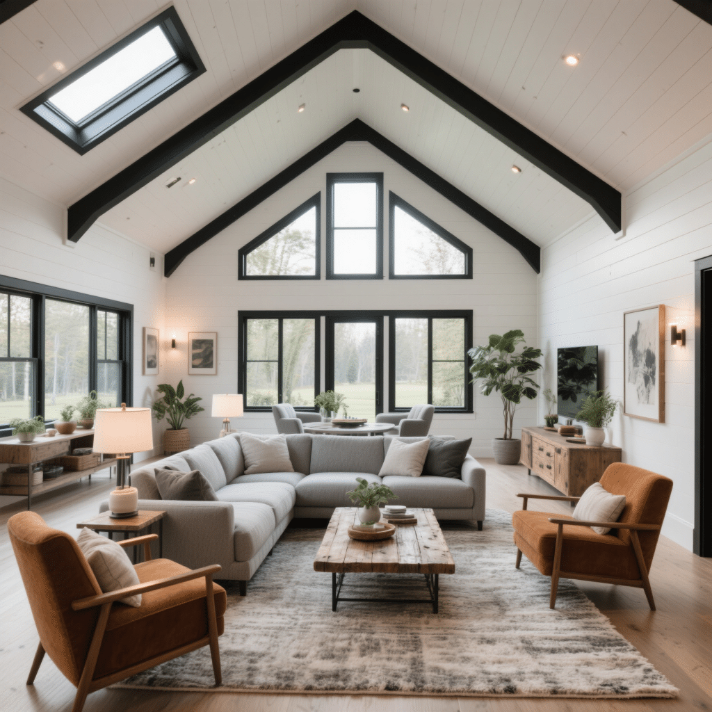 Interior view of the Harbourside II prefab home showing a spacious open-concept living room with low-slope ceilings, large energy-efficient windows, modern neutral décor, and cozy seating.