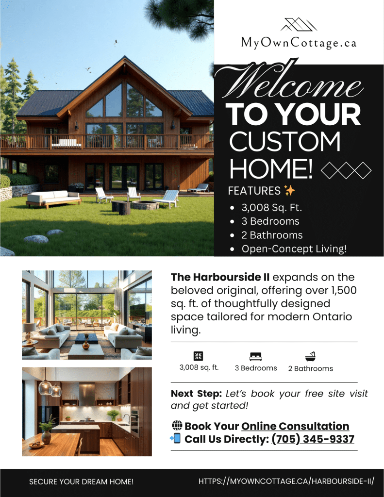 Brochure cover of the Harbourside II prefab home, a 3-bedroom, 2-bathroom modern cottage designed for Ontario lakeside living.