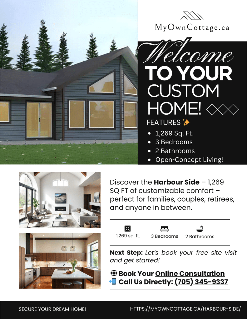 Harbourside prefab cottage brochure cover showcasing modern modular home design in Ontario