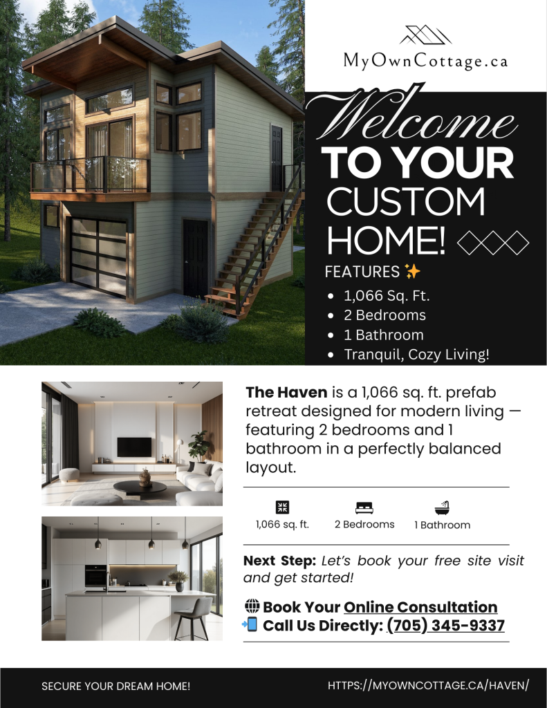 Haven prefab cottage home brochure cover showcasing modern 2-bedroom design in Ontario