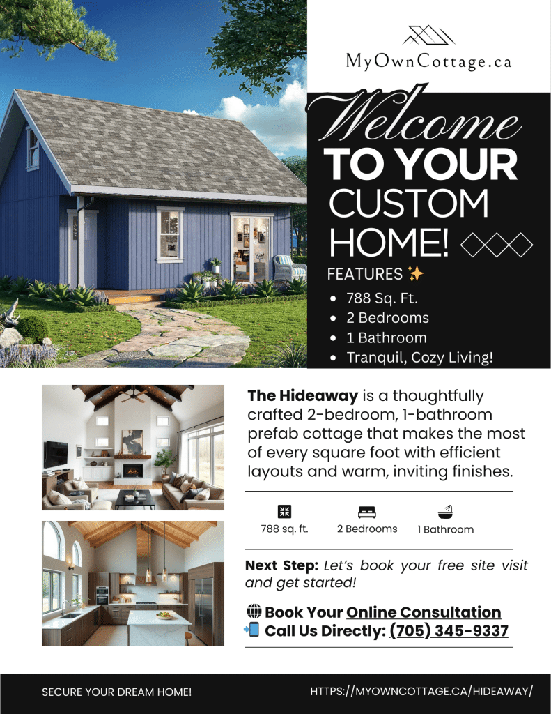 Brochure cover of the Hideaway prefab cottage, a 2-bedroom, 1-bathroom home that blends cozy charm with smart design for Ontario living.