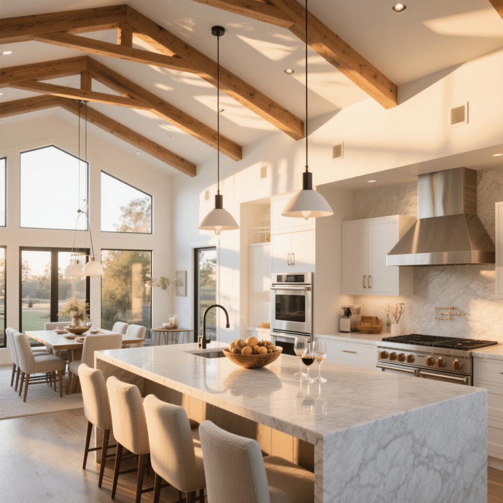 A warmly lit modern open-concept kitchen and dining area with vaulted ceilings, quartz island, and golden hour sunlight — showcasing the Hudson prefab home.