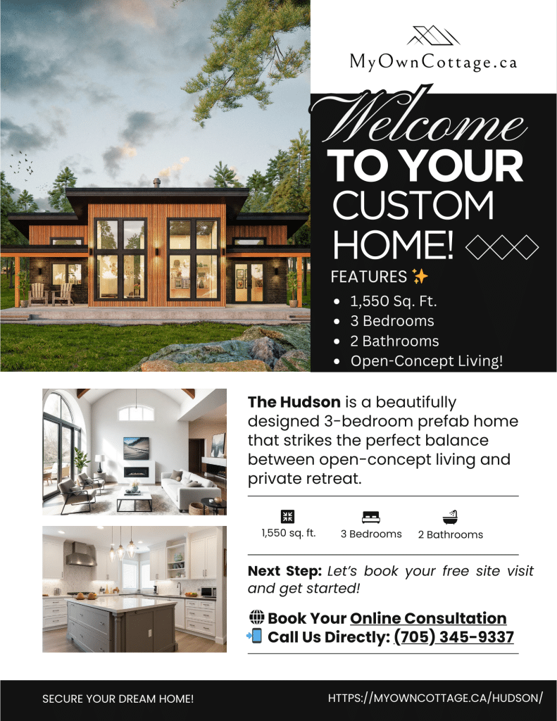 Hudson prefab cottage home brochure cover featuring 3-bedroom, open-concept design with premium construction in Ontario