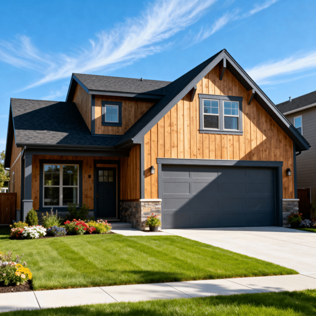 Beautiful small prefab home in Barrie Ontario with modern suburban design and garage, built by My Own Cottage, illustrating the key characteristics of high-quality prefab builds.